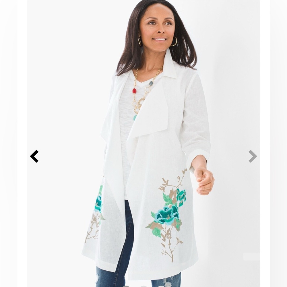 Chicos Embroidered Linen Kimono Cardigan Jacket White Floral Boho Womens 0 S